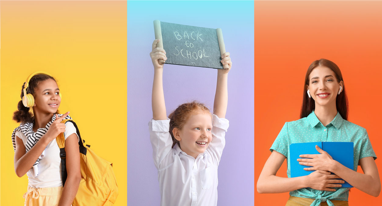 3 school aged children posing with backpacks and books on multicolored backgrounds